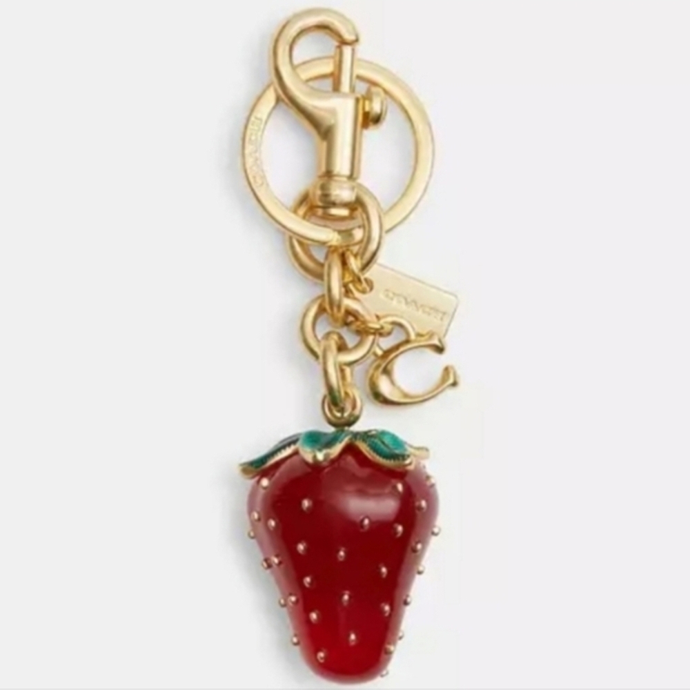 🍓▪️Coach▪️Bag Charm Red Resin Strawberry  Enamel Leaves Gold-toned Hardware